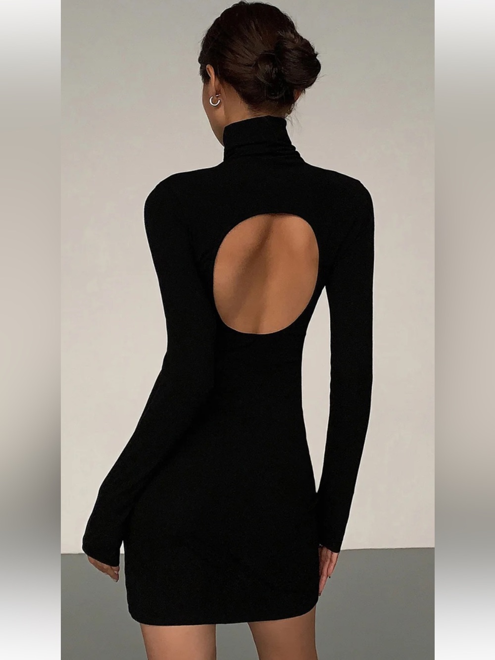 Commense Black Long-Sleeve Turtleneck Back-Cutout Bodycon Dress